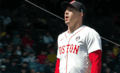 Man In Boston Jersey Stands In Front Of Crowd GIF