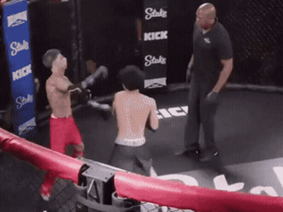 Man In Boxing Ring With Stake Kick Sign GIF
