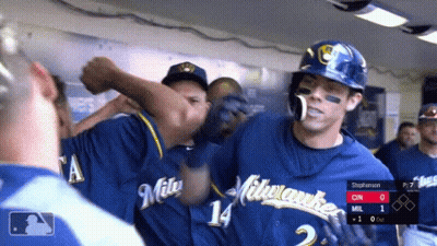 Man In Brewers Jersey High Fiving Another GIF