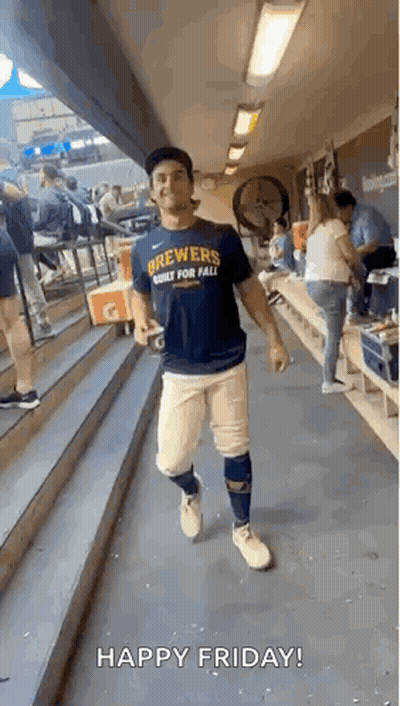 Man In Brewers Shirt Walking Down Stairs In Dugout GIF