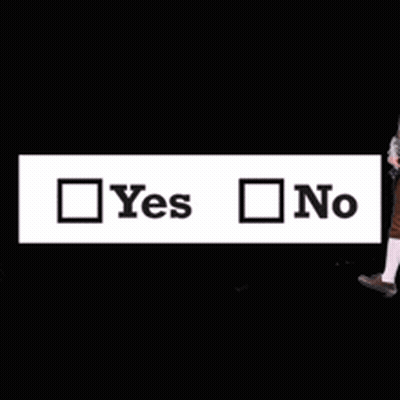 Man In Brown Coat Standing Before Yes No Sign GIF