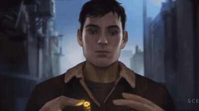 Man In Brown Jacket Holding Bullet With Letters SCE GIF