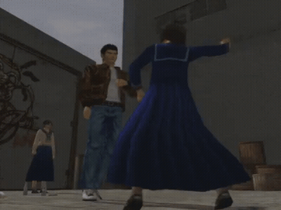Man In Brown Jacket Next To Woman In Blue Dress In Video Game GIF