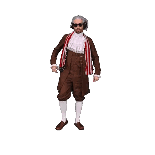 Man In Brown Suit Wearing Headphones And American Flag Sticker
