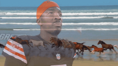 Man In Browns Jersey On Beach With Horses GIF