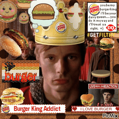 Man In Burger King Crown Surrounded By Hamburgers GIF