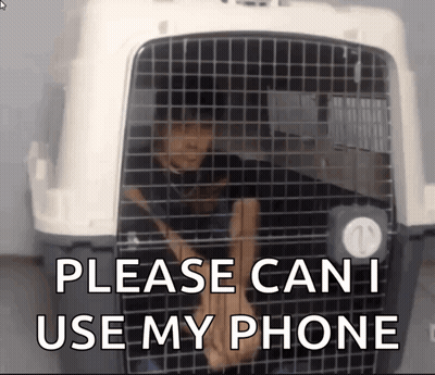 Man in Cage Saying Please Can I Use My Phone