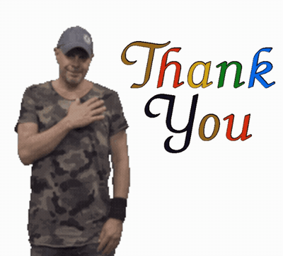 Man In Camo Shirt In Front Of Thank You Sign GIF