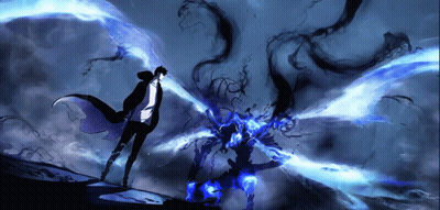 Man In Cape Facing Monster With Blue Flames GIF