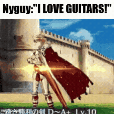 Man In Cape Holding Guitar In Front Of Castle GIF
