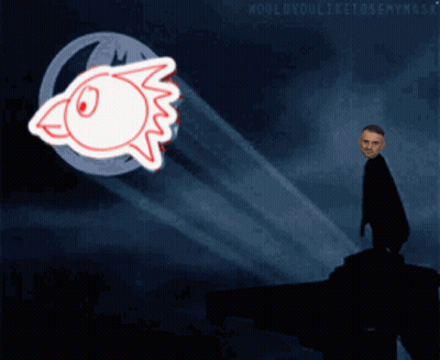 Man In Cape With Cartoon Fish Saying Would You Like To See My Ass GIF