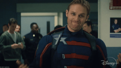 Man In Captain America Costume In Hallway With Disney+ Logo GIF