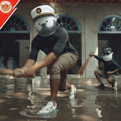 Man In Captain's Hat Kneeling In Water GIF
