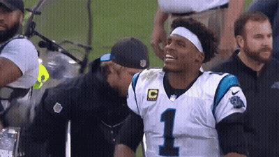 Man In Carolina Panthers Jersey Smiling On Sidelines GIF