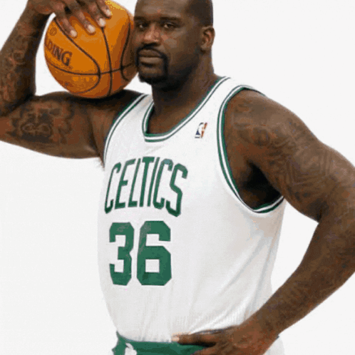 Man In Celtics Jersey Holding Basketball Over Head GIF