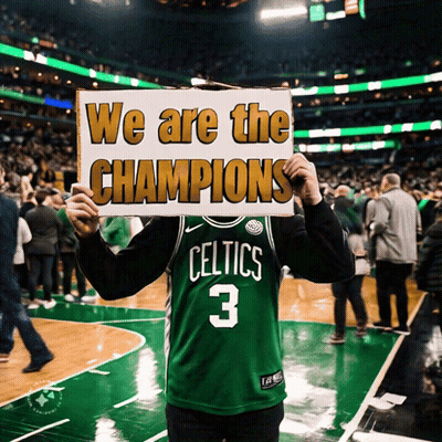 Man In Celtics Jersey Holding Sign Saying We Are The Champions GIF