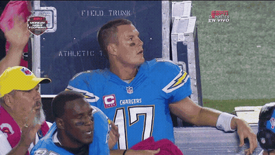 Man In Chargers Jersey Sitting On Bench GIF