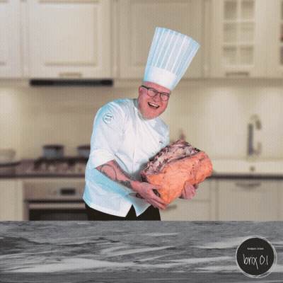 Man In Chef's Hat Holding Large Piece Of Meat GIF