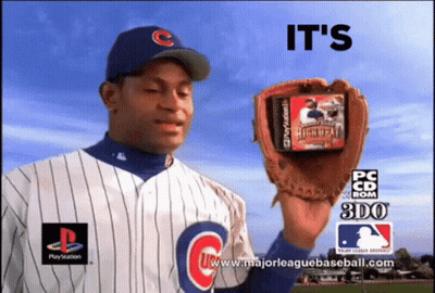 Man In Chicago Cubs Uniform Holding Baseball Glove And Video Game GIF