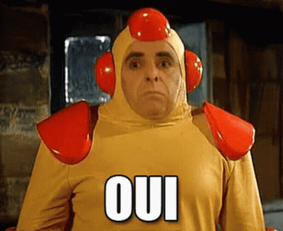 Man In Chicken Costume With Oui On Shirt GIF
