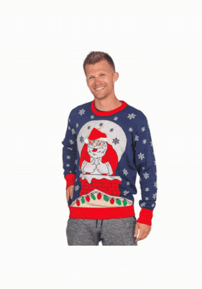 Man In Christmas Sweater With Muppets And Santa Claus GIF