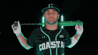 Man In Coastal Jersey Holding Bat Over Shoulder GIF