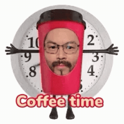 Man In Coffee Cup Costume Saying Coffee Time GIF