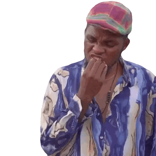 Man In Colorful Hat And Blue Shirt Biting Finger Sticker