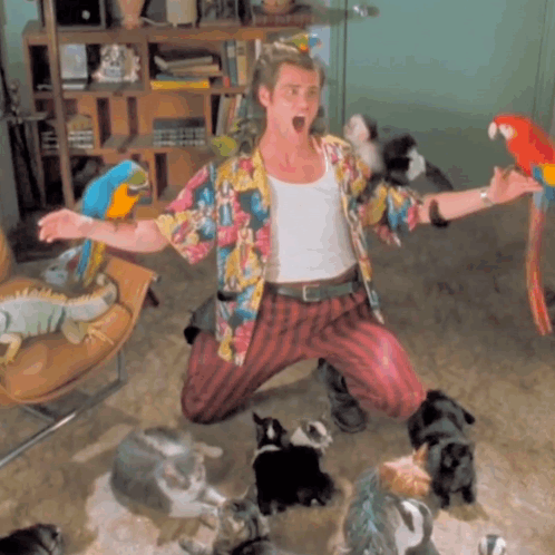 Man In Colorful Shirt Surrounded By Cats And Parrot GIF