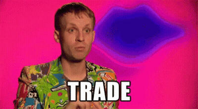 Man In Colorful Shirt With Word Trade On Pink Background GIF