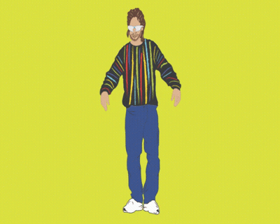 Man In Colorful Sweater Surrounded By Psh GIF