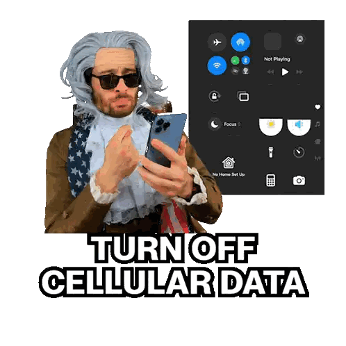 Man In Costume Holding Cell Phone Turn Off Data Sticker