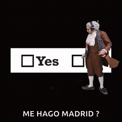 Man In Costume In Front Of Yes And Me Hago Madrid Sign GIF