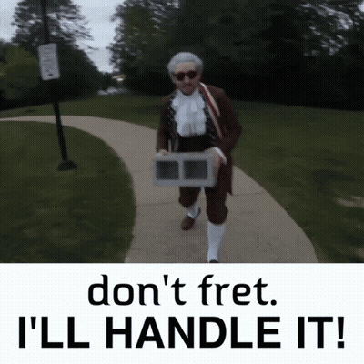 Man In Costume Walking With Don't Fret Sign GIF