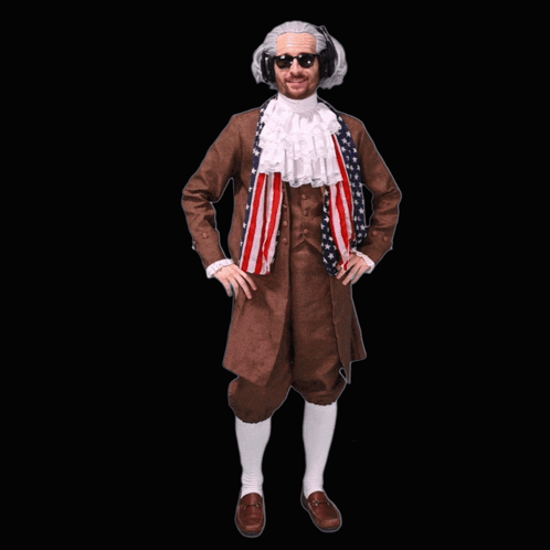 Man In Costume With Bye Above Him GIF
