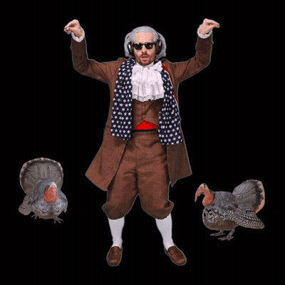 Man In Costume With Turkey On Shoulder GIF