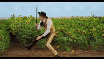 Man In Cowboy Costume Holding Sword In Sunflowers GIF