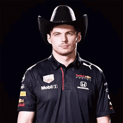 Man In Cowboy Hat And Red Bull Racing Shirt GIF