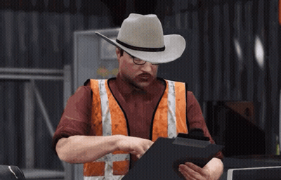 Man In Cowboy Hat And Safety Vest Looking At Clipboard Terry Time GIF