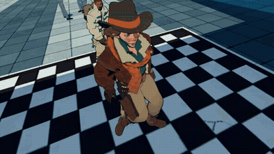 Man In Cowboy Hat And Scarf On Checkered Floor GIF