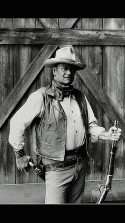 Man In Cowboy Hat And Vest Holds Gun GIF