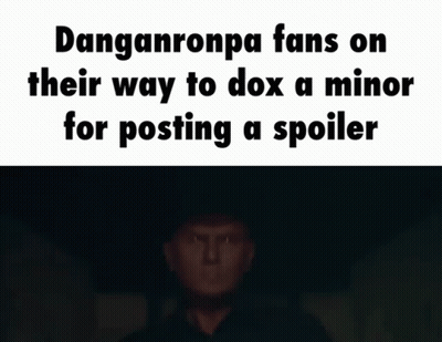 Man In Cowboy Hat Behind Danganronpa Fans Sign GIF
