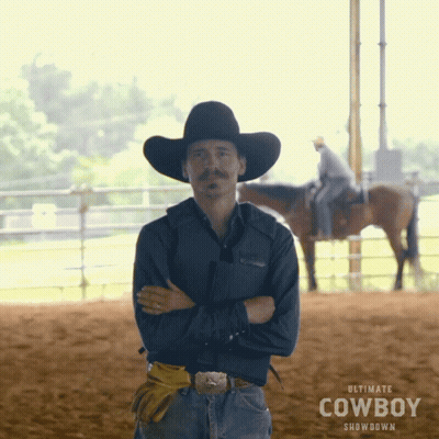 Man In Cowboy Hat Crossed Arms Beside Horse GIF