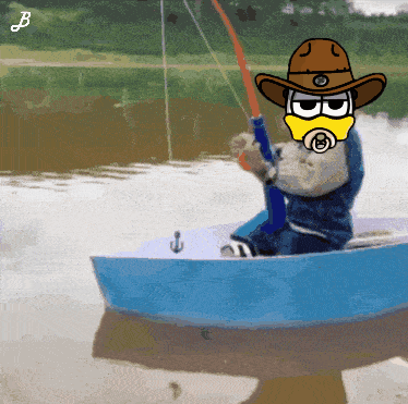 Man In Cowboy Hat Fishing In Boat GIF