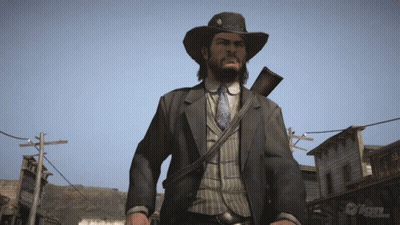 Man In Cowboy Hat Holding Gun In Front Of IGN Sign GIF
