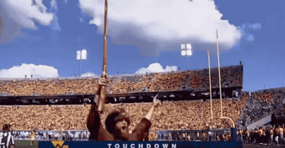 Man In Cowboy Hat Holding Touchdown Flag At Stadium GIF