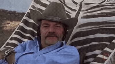 Man In Cowboy Hat Laying On Zebra Chair GIF
