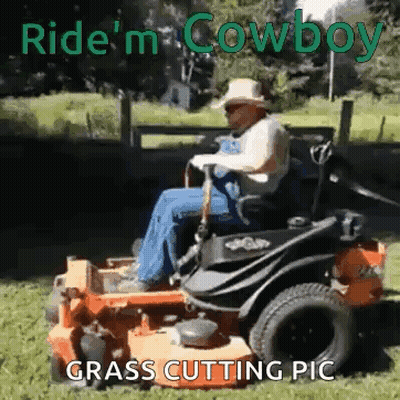 Man In Cowboy Hat Riding Lawn Mower GIF