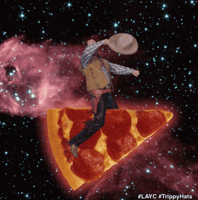 Man In Cowboy Hat Riding Pizza Slice In Space GIF