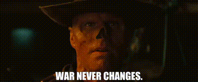 Man in Cowboy Hat Saying War Never Changes